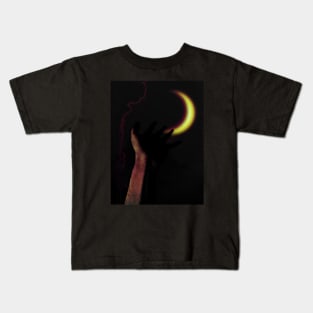 Digital collage and special processing. Hand pointing to the moon. Very beautiful. Violet and orange.. Kids T-Shirt